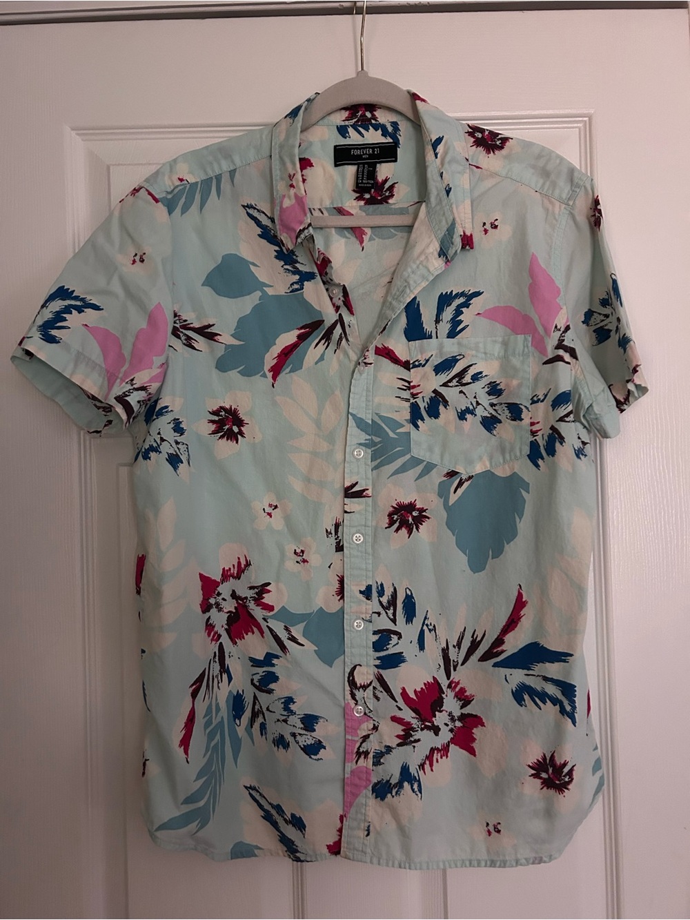 Forever 21 Mint Blue Floral Short-Sleeve Button-Down Shirt